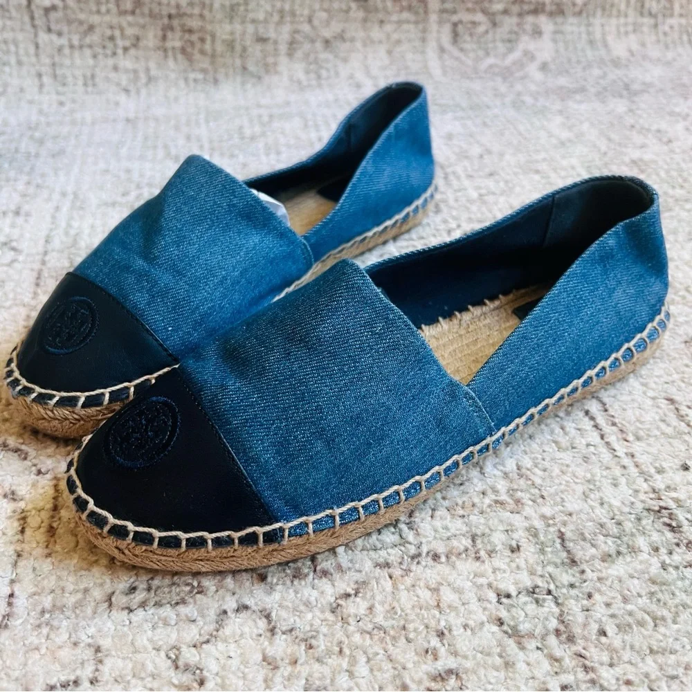 Tory Burch Blue Denim and Black Leather Espadrilles
